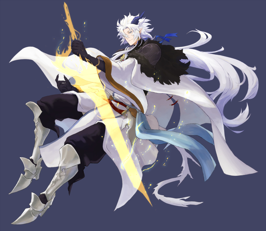 1boy black_gloves cape diarmait_briongloid elbow_gloves full_body gloves glowing glowing_weapon greaves hair_over_one_eye holding holding_sword holding_weapon horns parata pixiv_fantasia pixiv_fantasia_age_of_starlight pointy_ears simple_background solo sword weapon white_cape white_hair wide_sleeves