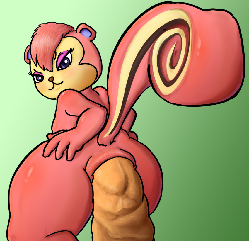 2020 animal_crossing anthro anthrofied big_tail blue_eyes blush eyeshadow feces female fur green_background hi_res hyper hyper_feces looking_at_viewer looking_back lordcuckness makeup mammal markings nintendo pecan_(animal_crossing) pink_body pink_fur pooping rodent scat sciurid simple_background solo tan_markings video_games