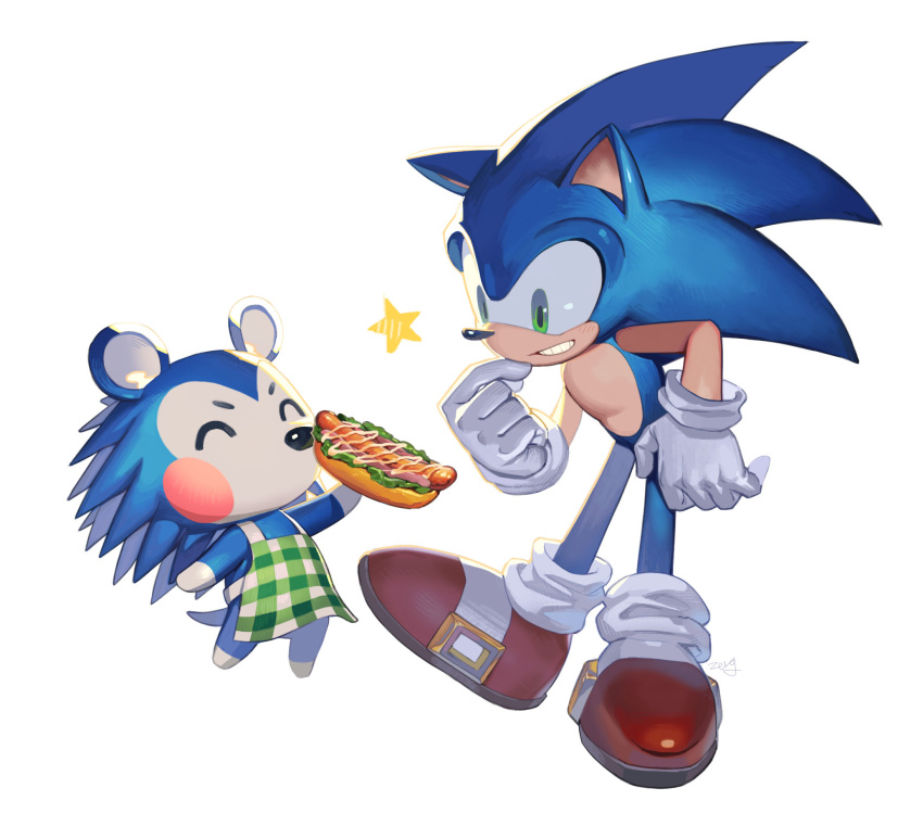 2020 ambiguous_gender animal_crossing anthro apron blue_body blue_fur chili_dog clothing crossover duo eulipotyphlan eyes_closed food footwear fur gloves green_eyes handwear hedgehog hi_res holding_food holding_object mabel_able male mammal nintendo shoes simple_background sonic_the_hedgehog sonic_the_hedgehog_(series) standing star tentarote video_games white_background