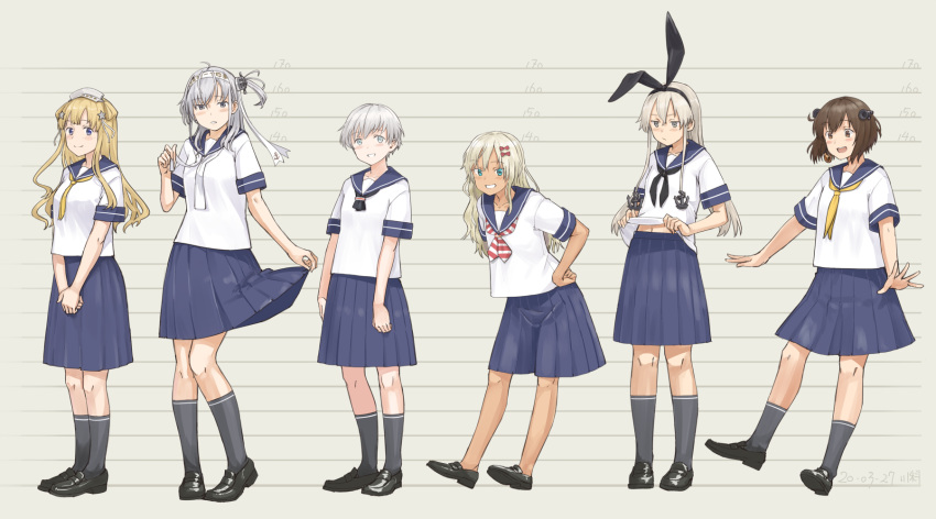 6+girls alternate_costume anchor_hair_ornament bangs black_footwear black_neckwear blonde_hair blue_skirt brown_hair double_bun fletcher_(kantai_collection) grecale_(kantai_collection) grey_background grin hachimaki hair_ornament hairband headband headgear height height_chart highres kantai_collection kawashina_(momen_silicon) kneehighs long_hair multiple_girls navel one_side_up pleated_skirt sailor_collar school_uniform serafuku shimakaze_(kantai_collection) shirt_lift short_hair short_sleeves silver_hair skirt smile striped striped_neckwear suzutsuki_(kantai_collection) white_neckwear yellow_neckwear yukikaze_(kantai_collection) z1_leberecht_maass_(kantai_collection)