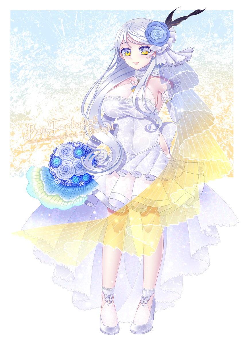 1girl bare_shoulders bouquet breasts cleavage copyright_name dress elbow_gloves flower full_body gloves hair_flower hair_ornament hair_over_one_eye highres large_breasts long_hair pixiv_fantasia pixiv_fantasia_age_of_starlight ribbon silver_hair simple_background solo standing vivid_bbdan wedding_dress white_dress white_footwear yellow_eyes yurate_(pixiv_fantasia_age_of_starlight)