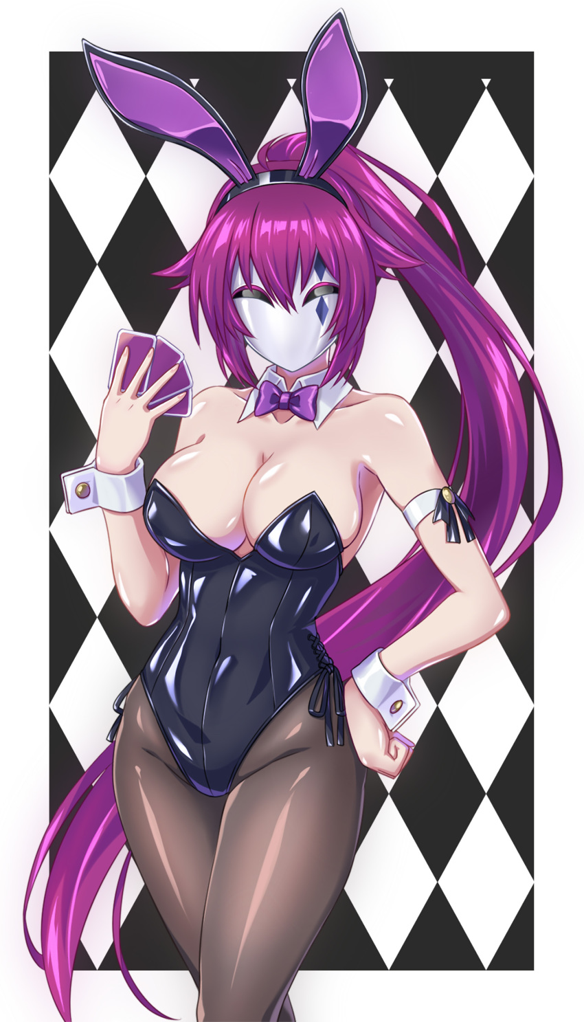 1girl absurdres animal_ears black_legwear black_leotard black_neckwear bow bowtie breasts bunny_ears bunny_girl bunnysuit checkered checkered_background cleavage commission cowboy_shot detached_collar hand_on_hip highres holding large_breasts leotard long_hair looking_at_viewer mask original pantyhose parted_lips ponytail purple_hair ribimura smile solo strapless strapless_leotard wrist_cuffs