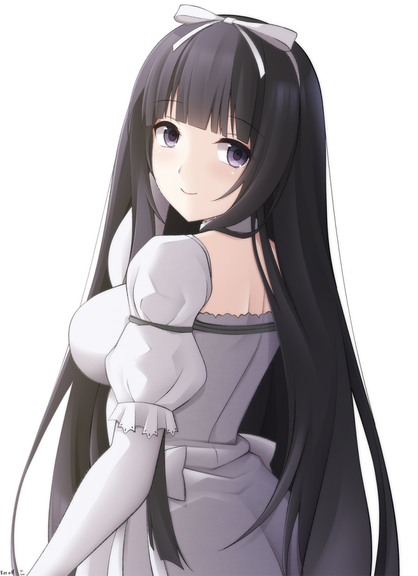 1girl aoki_hagane_no_arpeggio backless_dress backless_outfit bangs black_hair blunt_bangs blush bow breasts closed_mouth commission dress eyebrows_visible_through_hair from_behind hair_bow hairband highres keenh large_breasts long_hair looking_at_viewer looking_back puffy_short_sleeves puffy_sleeves purple_eyes short_sleeves signature simple_background smile solo very_long_hair white_background white_bow white_dress white_hairband yamato_(aoki_hagane_no_arpeggio)