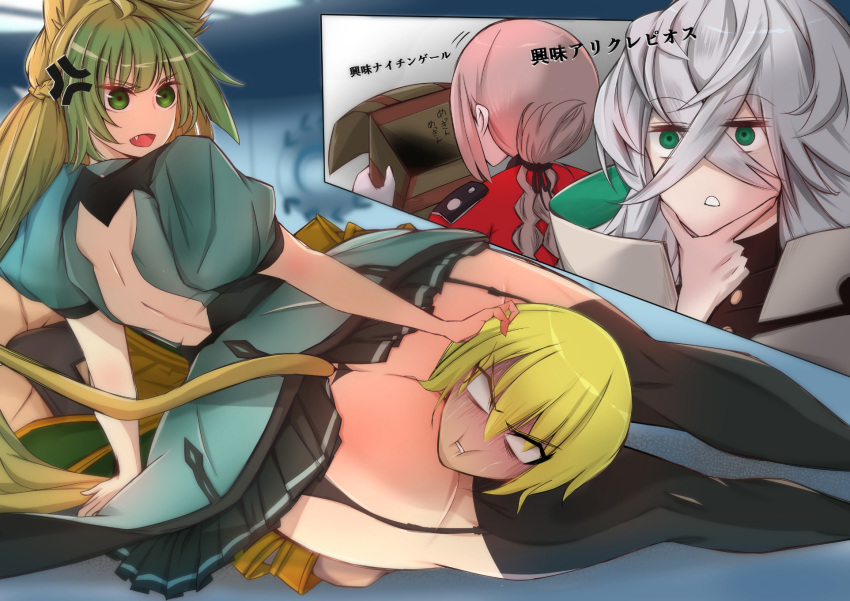 2boys 2girls anger_vein asclepius_(fate/grand_order) ass atalanta_(fate) black_legwear commentary_request fang fate/grand_order fate_(series) florence_nightingale_(fate/grand_order) garter_straps green_hair highres jason_(fate/grand_order) long_hair multiple_boys multiple_girls namonakisyura thighhighs thighs translation_request