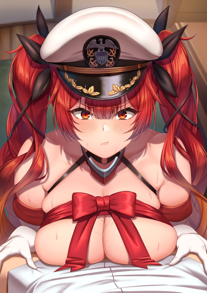 1boy 1girl absurdres azur_lane bangs black_ribbon blush breasts brown_eyes cleavage closed_mouth collarbone commentary_request elbow_gloves eyebrows_visible_through_hair from_above gloves hair_ribbon hat heavy_breathing highres honolulu_(azur_lane) indoors large_breasts long_hair looking_at_viewer looking_up momo_no_sukebe peaked_cap pout pov puffy_cheeks red_hair red_ribbon ribbon sweat twintails very_long_hair white_gloves