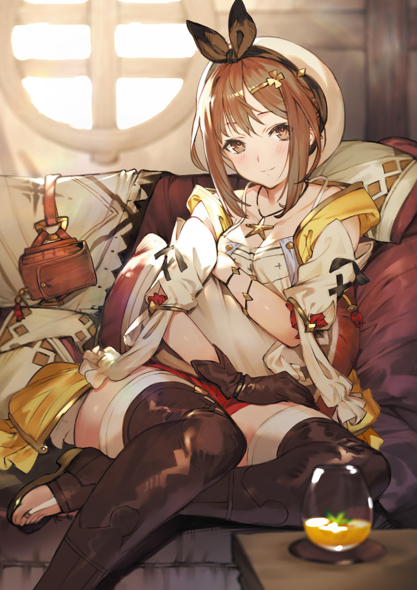 1girl atelier_(series) atelier_ryza bangs belt boots breasts bridal_legwear bright_pupils brown_eyes brown_gloves brown_hair brown_legwear cleavage gloves hat highres holster hooded_vest jewelry leather leather_belt looking_at_viewer medium_breasts necklace official_art pouch red_shorts reisalin_stout scan short_hair short_shorts shorts shoulder_cutout single_glove sitting smile solo star star_necklace thigh_gap thigh_holster thighhighs toeless_boots toeless_legwear toridamono white_pupils