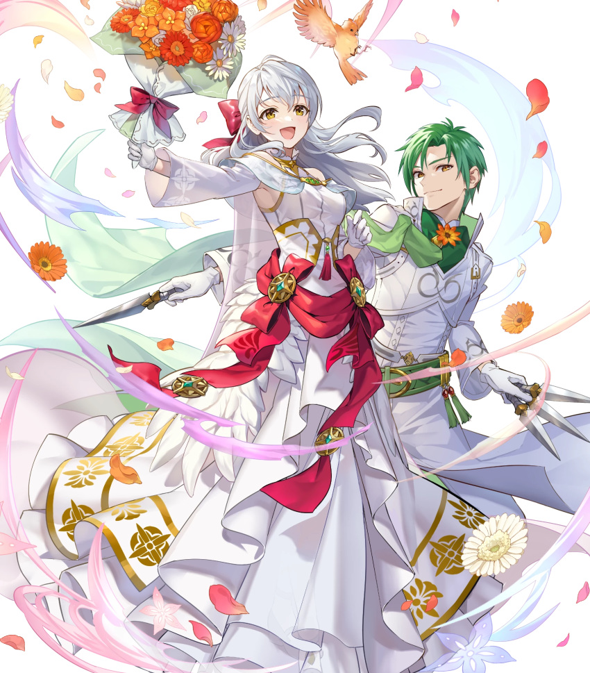 1boy 1girl alternate_costume bird blush bouquet bow cape crossed_arms dress feathered_wings feathers fire_emblem fire_emblem:_radiant_dawn fire_emblem_heroes flower full_body gloves green_hair grey_hair highres leaf long_hair micaiah_(fire_emblem) official_art open_mouth petals sothe_(fire_emblem) sparkle teffish transparent_background veil wings yellow_eyes yune_(fire_emblem)