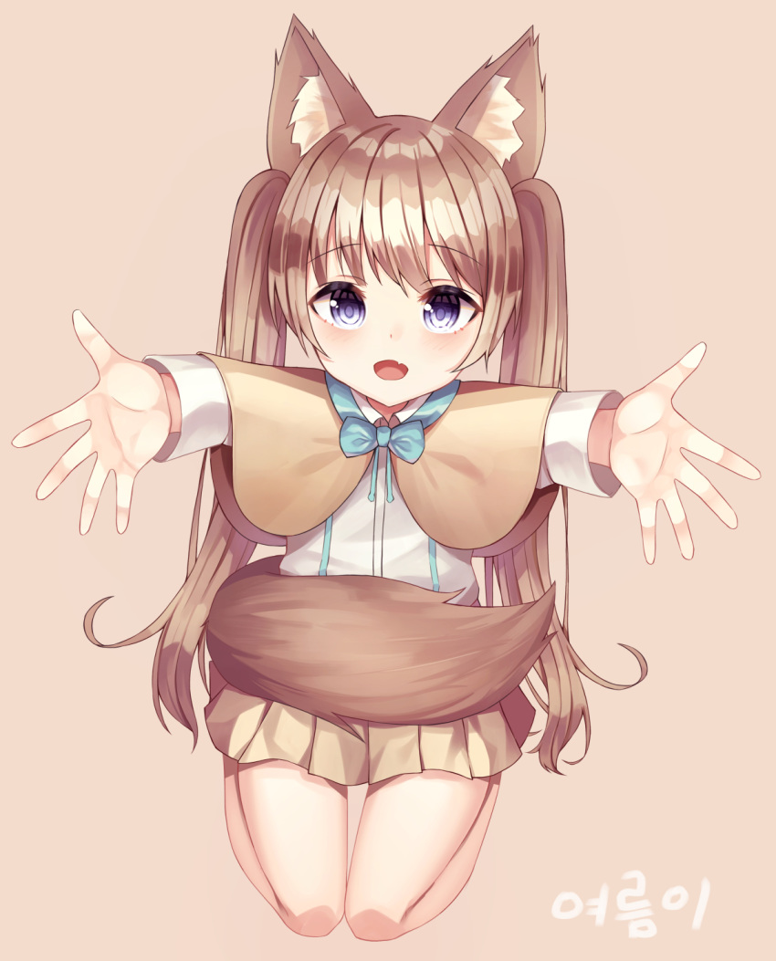 1girl :d animal_ear_fluff animal_ears bangs blue_bow blush bow brown_background brown_capelet brown_hair brown_skirt collared_shirt commentary_request dress_shirt eyebrows_visible_through_hair fang highres korean_commentary korean_text long_hair long_sleeves looking_at_viewer open_mouth original outstretched_arms pleated_skirt purple_eyes shiro_(acad1213) shirt signature simple_background skirt smile solo tail twintails very_long_hair white_shirt