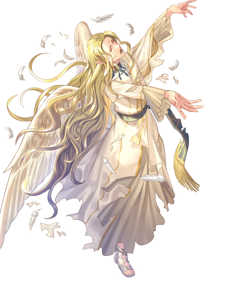 1boy alternate_costume blonde_hair bouquet closed_eyes feathered_wings feathers fire_emblem fire_emblem:_radiant_dawn fire_emblem_heroes flower full_body green_eyes highres injury long_hair official_art open_mouth pointy_ears rafiel_(fire_emblem) sandals solo teeth torn_clothes transparent_background wings