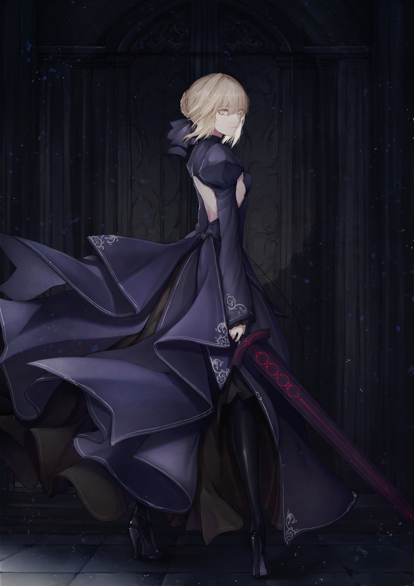 1girl artoria_pendragon_(all) backless_dress backless_outfit bangs black_bow black_dress black_footwear black_legwear boots bow braid breasts brown_eyes closed_mouth commentary_request dark_excalibur dress eyebrows_visible_through_hair fate/grand_order fate_(series) from_side hair_between_eyes hair_bow hair_bun highres holding holding_sword holding_weapon juliet_sleeves light_brown_hair long_sleeves looking_at_viewer looking_to_the_side marumoru puffy_sleeves saber_alter small_breasts solo standing sword thigh_boots thighhighs weapon