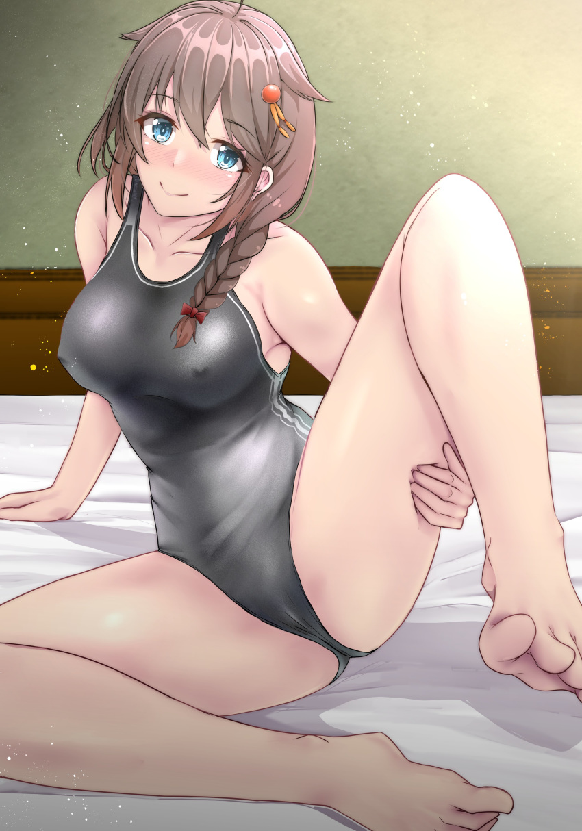 1girl absurdres ahoge barefoot bed blue_eyes braid breasts brown_hair character_name collarbone commentary_request competition_swimsuit grey_swimsuit hair_flaps hair_ornament hair_over_shoulder highres kantai_collection long_hair looking_at_viewer medium_breasts one-piece_swimsuit remodel_(kantai_collection) shadow shigure_(kantai_collection) shohei_(piranha5hk) simple_background single_braid sitting solo spread_legs swimsuit white_background