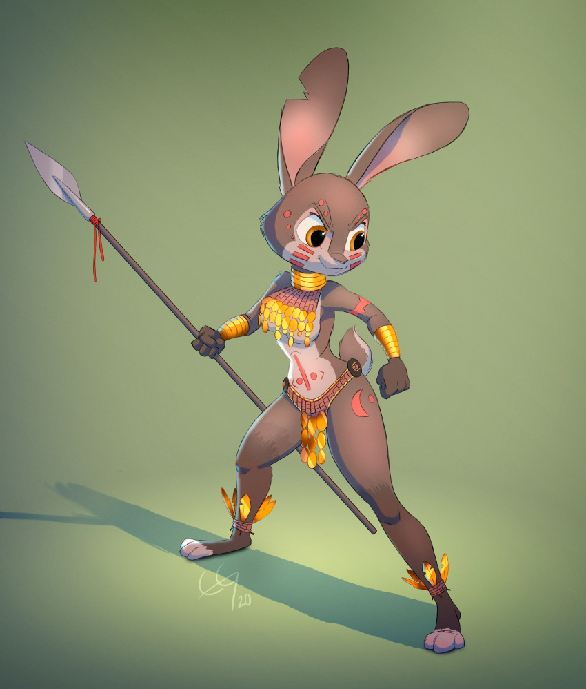 2020 acornart anthro barefoot brown_body brown_fur clothed clothing female fur green_background hi_res holding_object holding_weapon lagomorph leporid mammal notched_ear pose rabbit simple_background skimpy smile solo standing tribal weapon