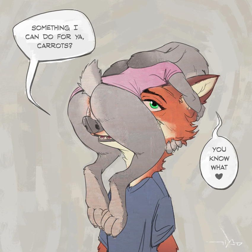 &lt;3 2020 ambiguous_gender anthro anus arm_tuft barefoot bodily_fluids bottomless brown_ears butt canid canine carrying cheek_tuft clothed clothing countershading dialogue dipstick_ears disney duo elbow_tufts english_text facial_tuft female female/ambiguous fox fur genital_fluids genitals green_eyes grey_background grey_body grey_fur hi_res inner_ear_fluff judy_hopps lagomorph leporid male_(lore) mammal multicolored_ears neck_tuft nick_wilde on_head orange_body orange_fur pussy pussy_juice rabbit red_fox samur_shalem scut_tail shirt signature simple_background speech_bubble t-shirt text these_aren't_my_glasses topwear tuft white_countershading zootopia