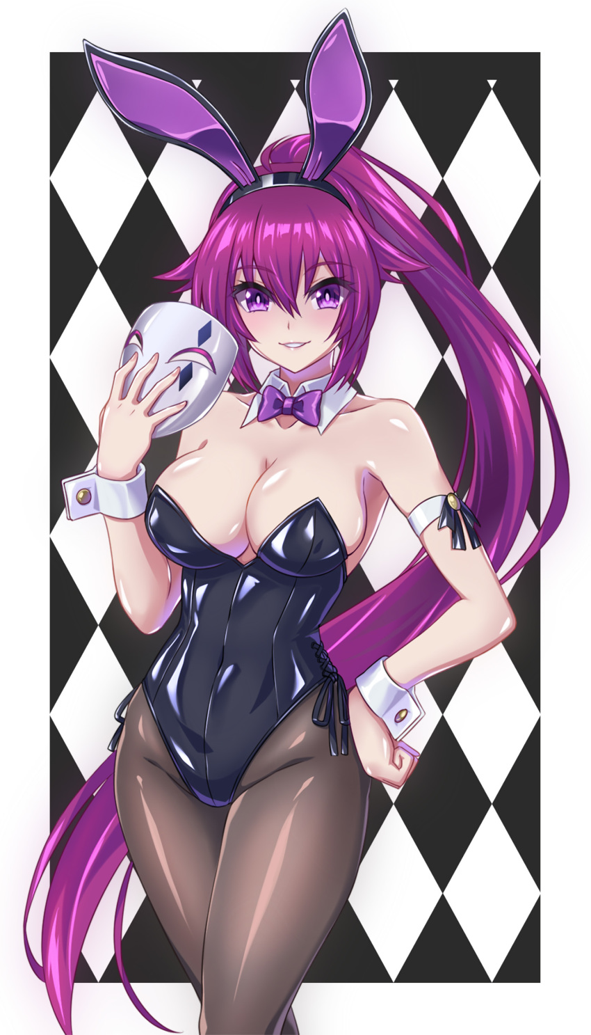 1girl absurdres animal_ears black_legwear black_leotard black_neckwear bow bowtie breasts bunny_ears bunny_girl bunnysuit checkered checkered_background cleavage commentary_request commission cowboy_shot detached_collar hand_on_hip highres holding holding_mask large_breasts leotard long_hair looking_at_viewer mask original pantyhose parted_lips ponytail purple_eyes purple_hair ribimura smile solo strapless strapless_leotard wrist_cuffs