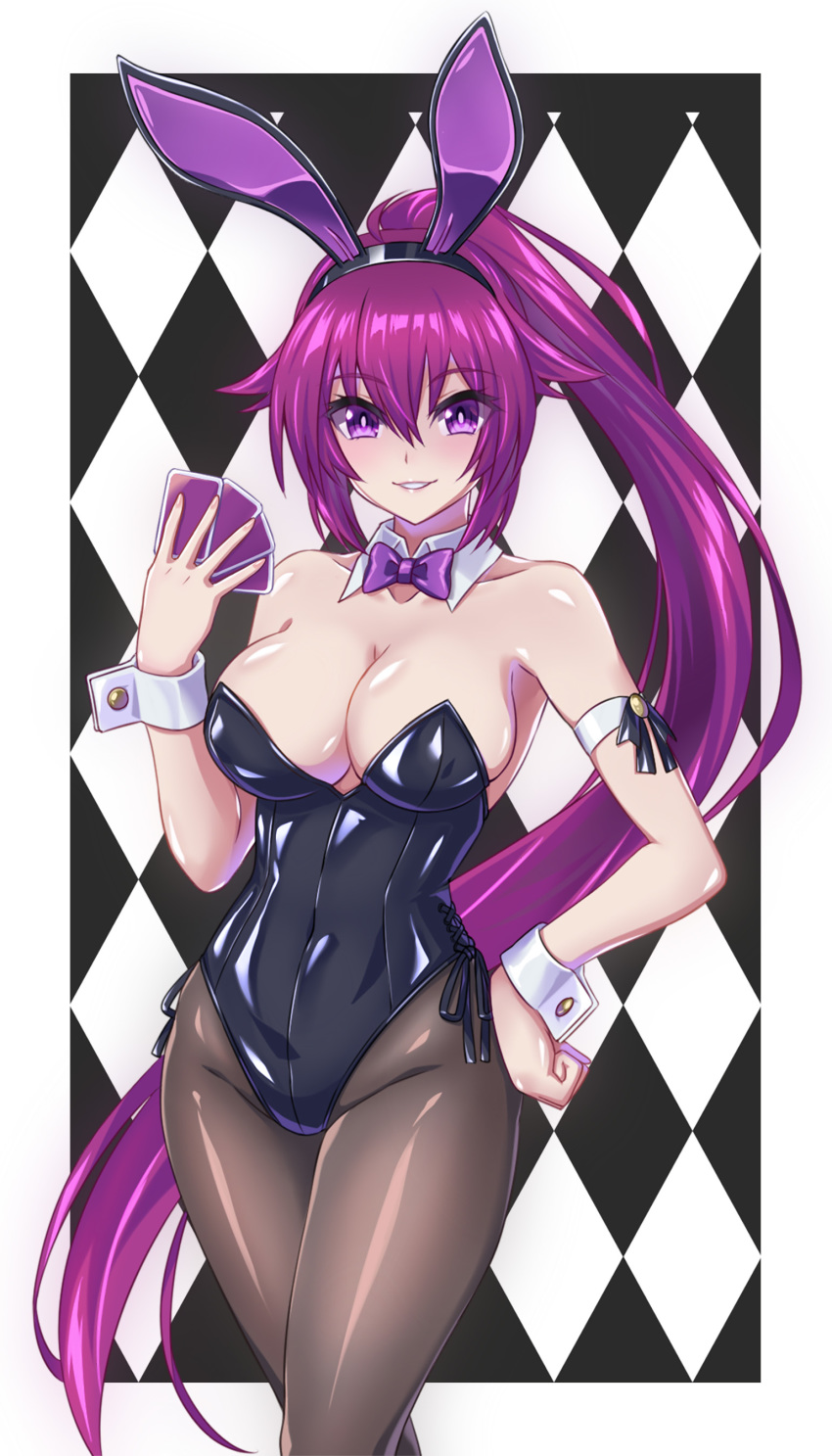 1girl absurdres animal_ears black_legwear black_leotard black_neckwear bow bowtie breasts bunny_ears bunny_girl bunnysuit card checkered checkered_background cleavage commission cowboy_shot detached_collar hand_on_hip highres holding large_breasts leotard long_hair looking_at_viewer original pantyhose parted_lips playing_card ponytail purple_eyes purple_hair ribimura smile solo strapless strapless_leotard wrist_cuffs