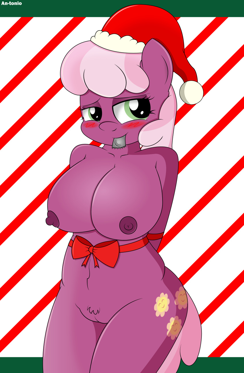 absurd_res an-tonio anthro blush breasts cheerilee_(mlp) christmas clothing condom cutie_mark equid equine female friendship_is_magic genitals hat headgear headwear hi_res holidays horse mammal my_little_pony pussy santa_hat sexual_barrier_device solo