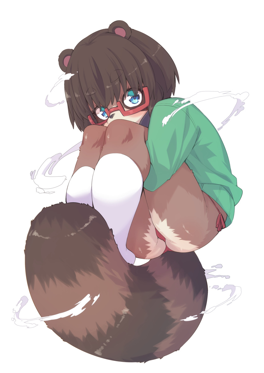 1girl absurdres animal_ears ass black_hair blue_eyes covered_mouth furry glasses green_sweater highres kneehighs knees_to_chest knees_up leg_hug legs no_pants original panties raccoon_ears raccoon_tail red_panties short_hair side-tie_panties simple_background solo sweater tail thighs underwear white_background white_legwear yuuki_(yuyuki000)