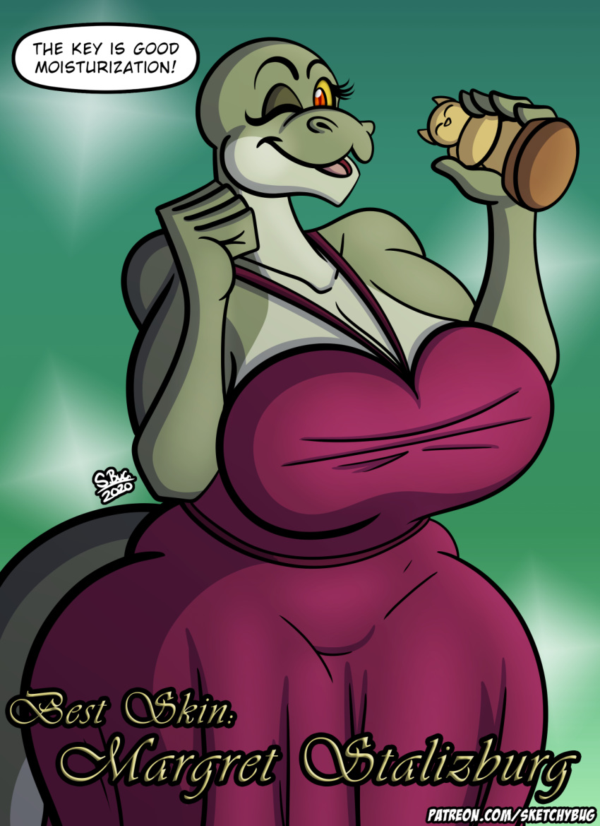 anthro award award_ceremony big_breasts breasts cleavage clothed clothing dialogue dress english_text female green_body hi_res huge_breasts looking_at_viewer margret_stalizburg mature_female non-mammal_breasts one_eye_closed reptile scalie sketchybug snake solo text thick_thighs trophy wide_hips wink