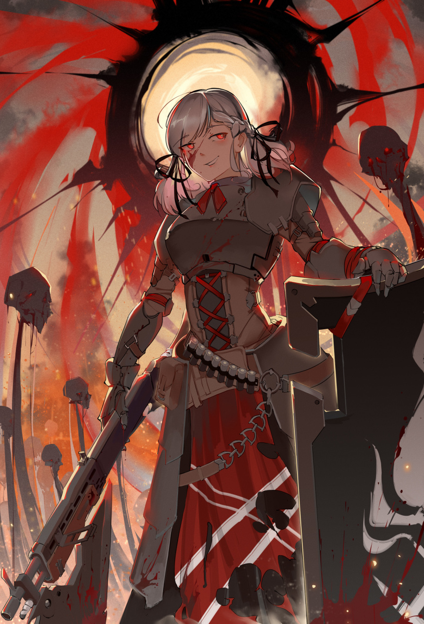 1girl absurdres armor blood blood_on_face braid darkest_dungeon gauntlets girls_frontline grin gun highres holding holding_gun holding_weapon medium_hair red_eyes shield shotgun silver_hair skull slmsxiaodu smile solo spas-12 spas-12_(girls_frontline) weapon