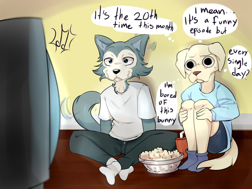 2020 4:3 ? anthro beastars bird_dog bottomwear canid canine canis clothed clothing comic domestic_dog duo english_text food fully_clothed fur grey_body grey_fur hi_res hunting_dog jack_(beastars) labrador legoshi_(beastars) legwear mammal pants popcorn psibunny retriever shirt sitting socks t-shirt tailwag tan_body tan_fur text thought_bubble topwear watching_tv wolf