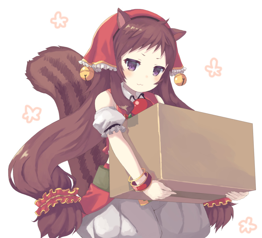 1girl animal_ears bangs bell box bracelet brown_hair closed_mouth highres holding holding_box jewelry jingle_bell long_hair looking_at_viewer navel nekomo princess_connect! princess_connect!_re:dive purple_eyes rin_(princess_connect!) sidelocks simple_background solo squirrel_ears squirrel_girl squirrel_tail standing tail very_long_hair