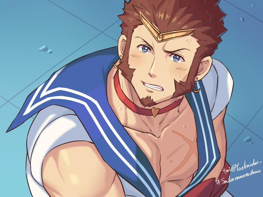 1boy bara beard bishoujo_senshi_sailor_moon blue_eyes blue_sailor_collar blush brown_hair chest choker crossdressing derivative_work earrings facial_hair fate/grand_order fate_(series) goatee highres jewelry looking_at_viewer male_focus meme muscle napoleon_bonaparte_(fate/grand_order) open_clothes pectorals red_choker red_earrings revealing_clothes sailor_collar sailor_moon_redraw_challenge scar screencap_redraw sideburns simple_background sitting solo sparkling_eyes sweatdrop tiara yaosan233