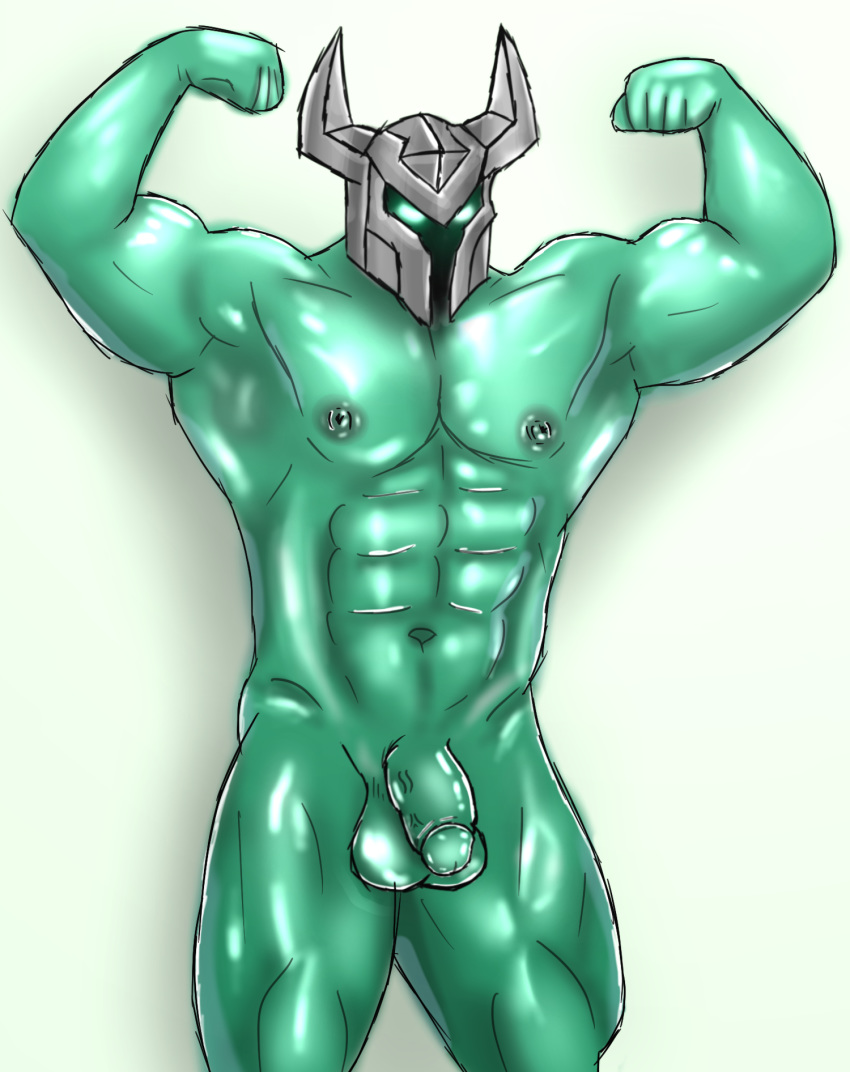 abs armor barazoku biceps cadfourne ghost glistening glowing glowing_eyes green_body green_skin headgear helmet hi_res human humanoid league_of_legends male mammal mordekaiser_(lol) muscular nipples pecs riot_games shiny_(disambiguation) solo spirit video_games