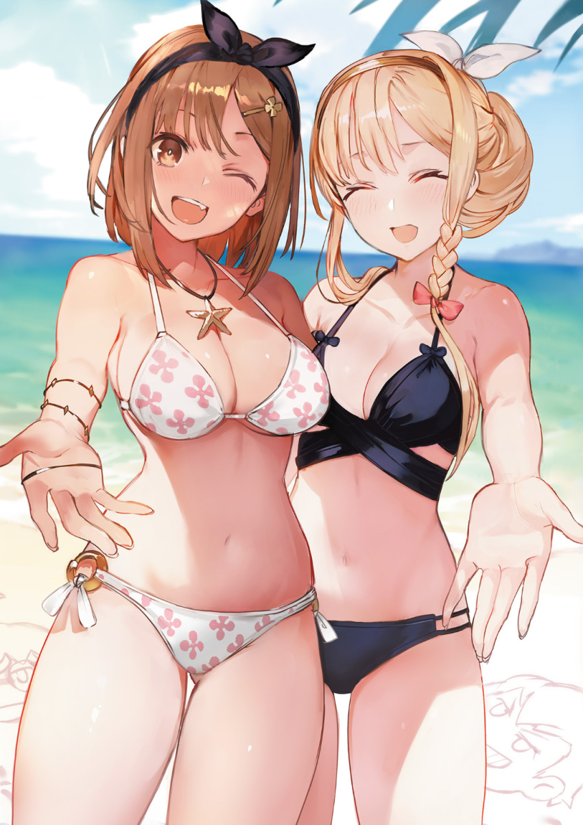 2girls :d ;d ^_^ ass_visible_through_thighs atelier_(series) atelier_ryza beach bikini black_bikini blonde_hair blurry blurry_background blush bow bracelet braid breasts bright_pupils brown_hair cleavage closed_eyes cowboy_shot day depth_of_field fang hair_bow hair_ornament hair_ribbon hair_up hairband hairclip halterneck hands highres horizon jewelry klaudia_valentz large_breasts medium_breasts multi-strapped_bikini multiple_girls navel necklace o-ring o-ring_bikini o-ring_bottom ocean official_art one_eye_closed open_hand open_mouth outdoors outstretched_hand print_bikini reisalin_stout ribbon sand sand_art short_hair side_braid sidelocks smile swimsuit thighs toridamono white_bikini white_pupils