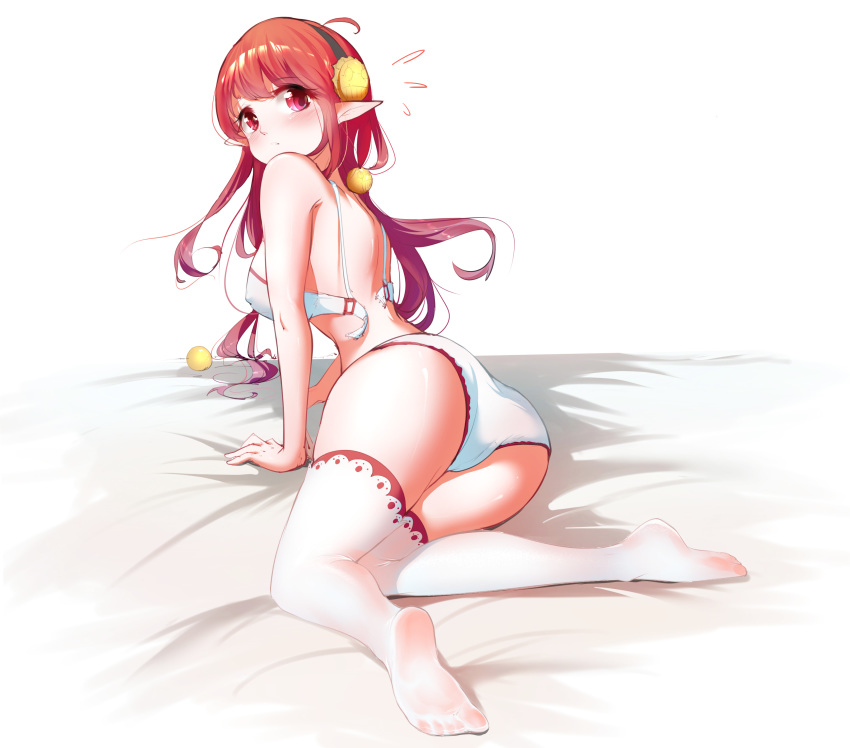 1girl absurdres alicetrina ass bra breasts dungeon_and_fighter elf feet highres long_hair looking_at_viewer no_shoes panties pantyhose pointy_ears red_eyes red_hair socks soles solo thighhighs underwear white_bra white_legwear white_panties