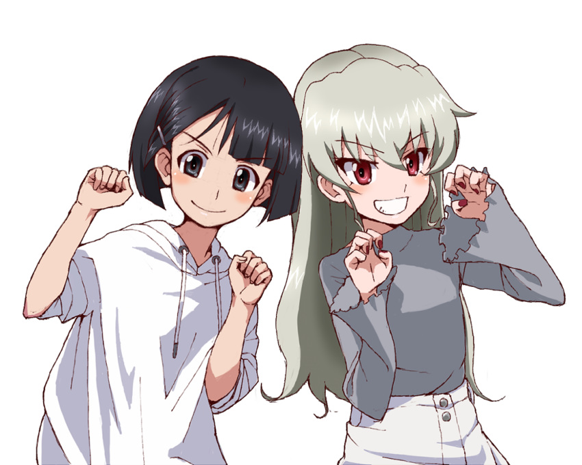 1girl alternate_hairstyle anchovy_(girls_und_panzer) bangs blunt_bangs blunt_ends bob_cut claw_pose coco's commentary derivative_work drawstring eyebrows_visible_through_hair girls_und_panzer green_hair grey_shirt grin hair_down hair_ornament hairclip hood hood_down hoodie izawa_shiori kayabakoro leaning_to_the_side long_hair long_sleeves looking_at_viewer nail_polish paw_pose red_eyes red_nails shirt short_sleeves side-by-side simple_background skirt smile solo sono_midoriko standing white_background white_skirt yoshioka_maya
