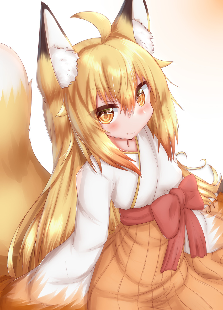 1girl ahoge animal_ear_fluff animal_ears blonde_hair blush commentary eyebrows_visible_through_hair fang fox_ears fox_girl fox_tail gradient gradient_background highres horokusa_(korai) japanese_clothes kimono korai_(horokusa) long_hair long_sleeves looking_at_viewer original simple_background sitting smile solo tail upper_body yellow_eyes