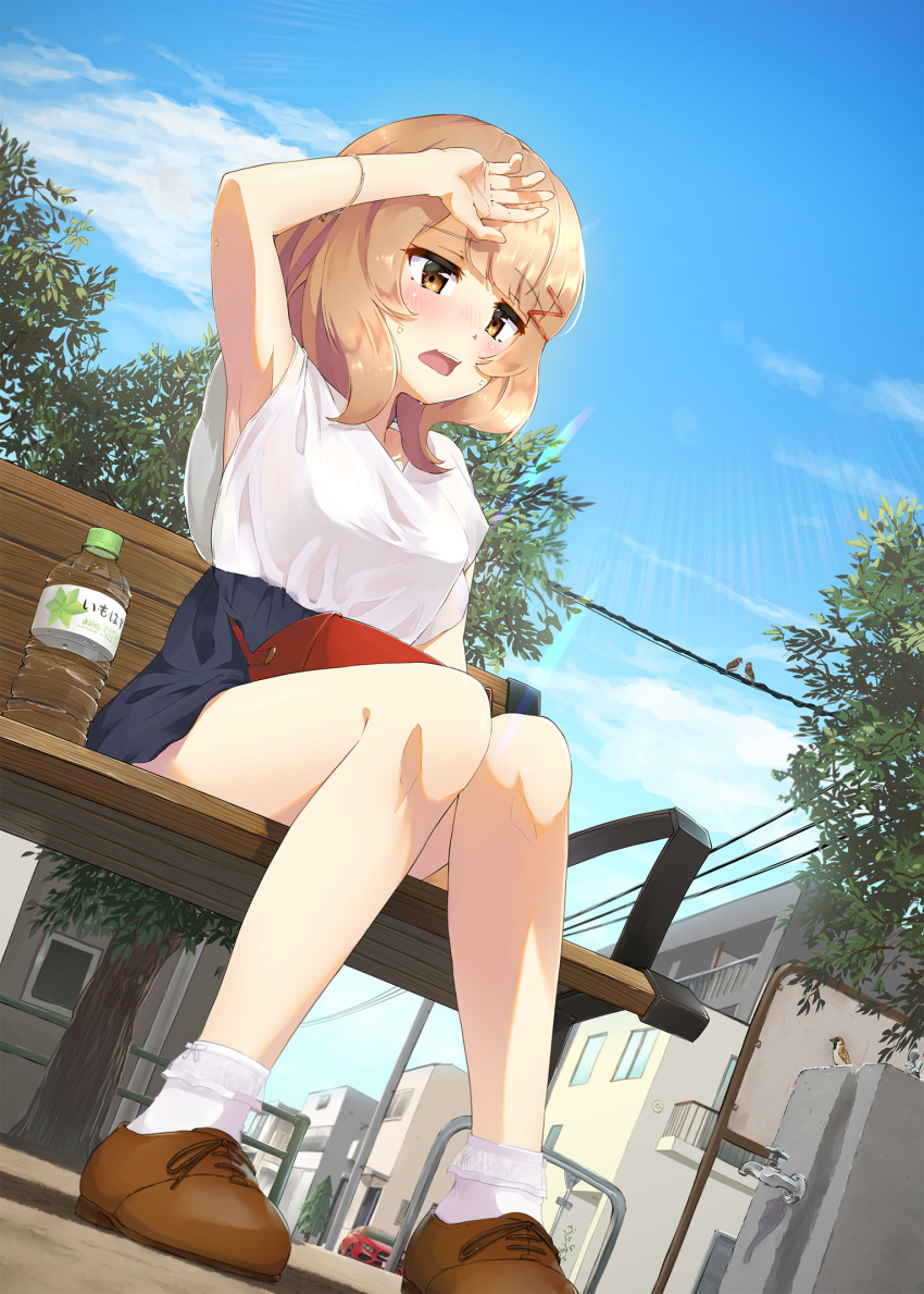 1girl alternate_costume arm_up armpits bag bench bird blush bottle bracelet brown_eyes brown_footwear brown_hair car cloud commentary_request faucet ground_vehicle hair_ornament hairclip handbag highres house jewelry lens_flare minase_yuki motor_vehicle open_mouth park park_bench shirt shoes shoujo_kageki_revue_starlight sitting solo sparrow sweat tanaka_yuyuko translucent_shirt tree water_bottle white_legwear white_shirt