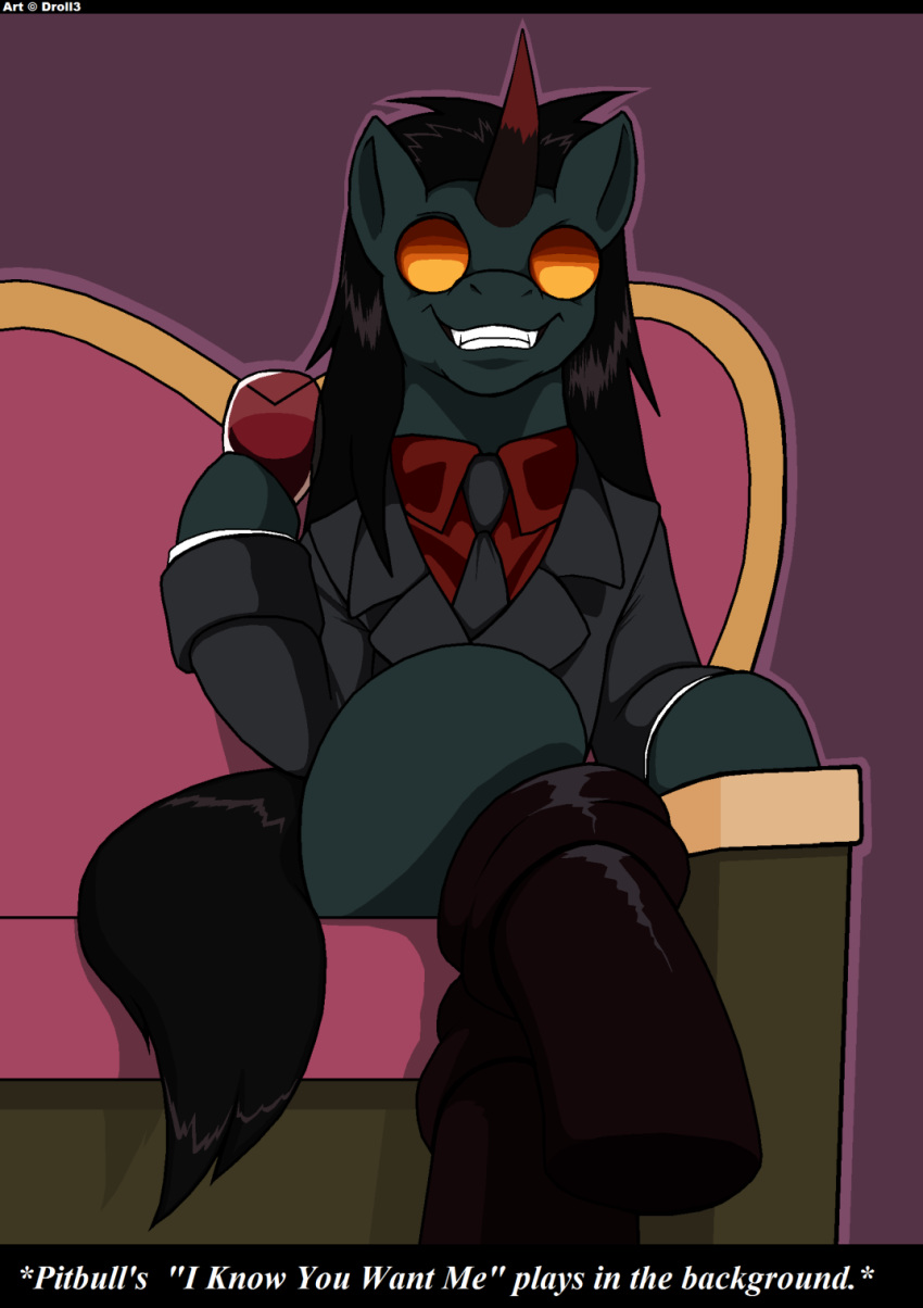 alucard_(hellsing) boots business_suit clothing crossover droll3 equid equine eyewear footwear friendship_is_magic grin hellsing_ultimate hi_res horn horse king_sombra_(mlp) male mammal my_little_pony parody pony sitting smile smirk smug_grin solo stylish_hair suit sunglasses vampire wine_glass
