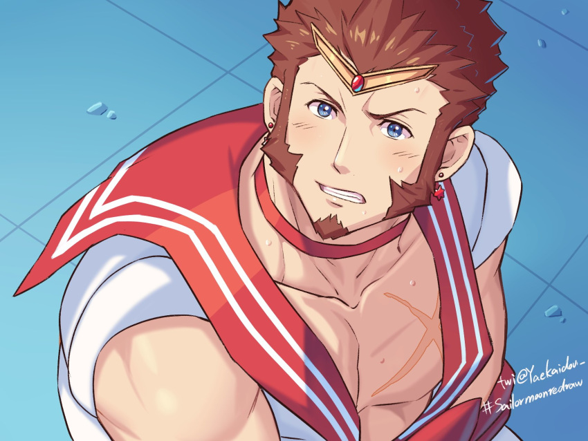 1boy bara beard bishoujo_senshi_sailor_moon blue_eyes blush brown_hair chest choker crossdressing derivative_work earrings facial_hair fate/grand_order fate_(series) goatee highres jewelry looking_at_viewer male_focus meme muscle napoleon_bonaparte_(fate/grand_order) open_clothes pectorals red_choker red_earrings red_sailor_collar revealing_clothes sailor_collar sailor_moon_redraw_challenge scar screencap_redraw sideburns simple_background sitting solo sparkling_eyes sweatdrop tiara yaosan233