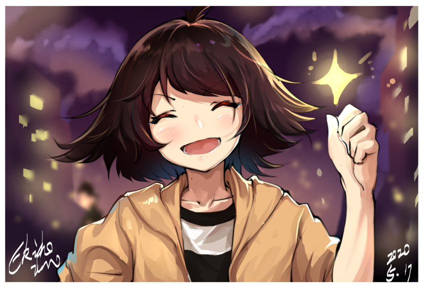 1girl :d black_hair blush clenched_hand facing_viewer hand_up highres jacket nonaka_haru open_mouth outdoors short_hair signature smile solo upper_body yellow_jacket yesterday_wo_utatte zhanzhangzlw