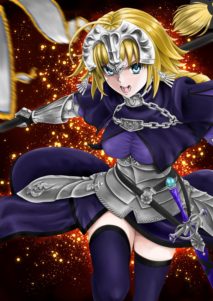 1girl absurdres banner blonde_hair blue_dress blue_eyes blue_legwear bosutonii braid braided_ponytail breasts chain collar cropped_legs dress eyebrows_visible_through_hair fate/grand_order fate_(series) faulds fiery_background fire flag furrowed_eyebrows gauntlets headpiece highres holding holding_flag jeanne_d'arc_(fate) jeanne_d'arc_(fate)_(all) long_hair looking_at_viewer medium_breasts metal_collar open_mouth plackart red_background scabbard sheath sheathed solo standing standing_on_one_leg sword teeth thighhighs very_long_hair weapon