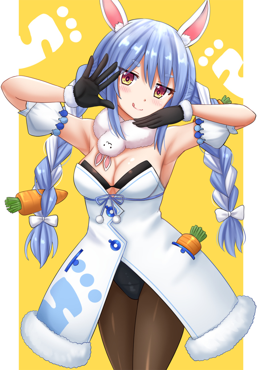1girl :q animal_ear_fluff animal_ears armpits bangs bare_shoulders black_gloves black_leotard blue_hair blush bow braid breasts brown_legwear bunny_ears carrot_hair_ornament cleavage closed_mouth commentary detached_sleeves dress eyebrows_visible_through_hair food_themed_hair_ornament fur-trimmed_dress fur-trimmed_gloves fur_trim gloves hair_between_eyes hair_bow hair_ornament hands_up head_tilt highres hololive kazenokaze leotard long_hair looking_at_viewer medium_breasts multicolored_hair pantyhose puffy_short_sleeves puffy_sleeves red_eyes short_eyebrows short_sleeves smile solo strapless strapless_dress strapless_leotard thick_eyebrows tongue tongue_out twin_braids twintails two-tone_background two-tone_hair usada_pekora very_long_hair virtual_youtuber white_background white_bow white_dress white_hair white_sleeves yellow_background