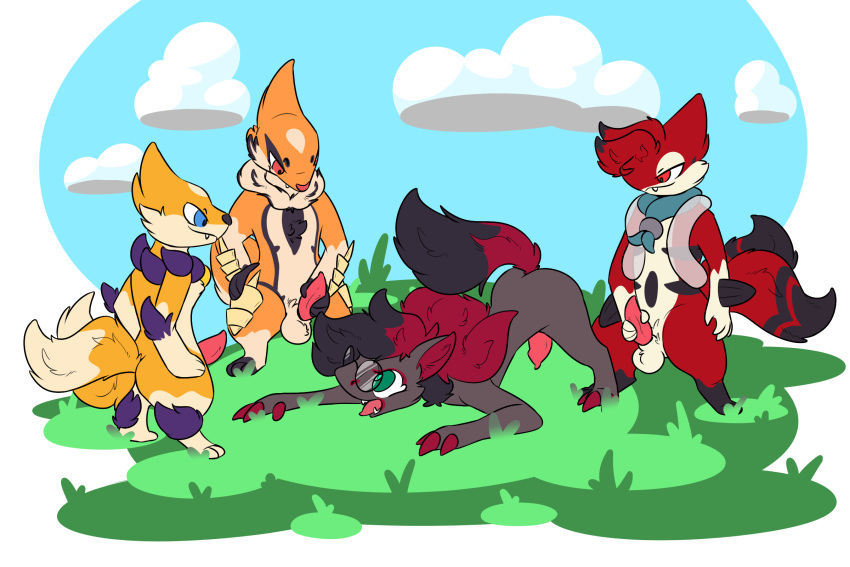 balls checker claws digital_media_(artwork) erection fan_character feral floatzel fur genitals group hair hi_res koal_(koalcleaver) lechecker male male/male nintendo nude open_mouth penis pok&eacute;mon pok&eacute;mon_(species) simple_background smile toru_(koalcleaver) video_games zoroark