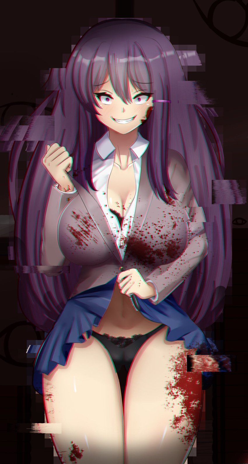 absurdres black_bra black_panties blood blood_on_face bloody_clothes bra breasts classroom dark_background doki_doki_literature_club glitch highres knife large_breasts panties pen sana!rpg school_uniform skirt skirt_lift underwear window yandere yuri_(doki_doki_literature_club)