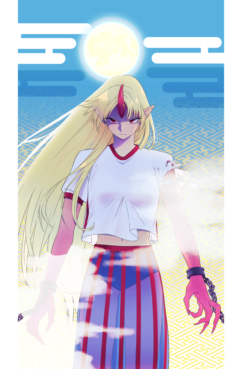 1girl absurdres blonde_hair blue_background blue_skirt buruma chain claws commentary_request cropped_legs cuffs ears_visible_through_hair egasumi full_moon gradient gradient_background highres horn hoshiguma_yuugi kubrick_stare light_frown long_hair looking_at_viewer midriff_peek mito_(mo96g) moon navel pointy_ears red_eyes sayagata see-through_skirt shackles shaded_face shirt skirt smoke solo standing striped striped_skirt torn_clothes torn_sleeves touhou very_long_hair white_shirt yellow_background