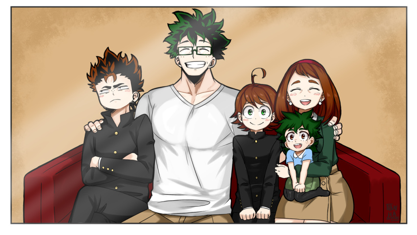 1girl 4boys bnha-bitch boku_no_hero_academia brown_eyes brown_hair brown_skirt glasses green_eyes green_hair green_shirt grin if_they_mated looking_at_viewer midoriya_izuku mother's_day multiple_boys older school_uniform shirt skirt smile t-shirt uraraka_ochako white_shirt