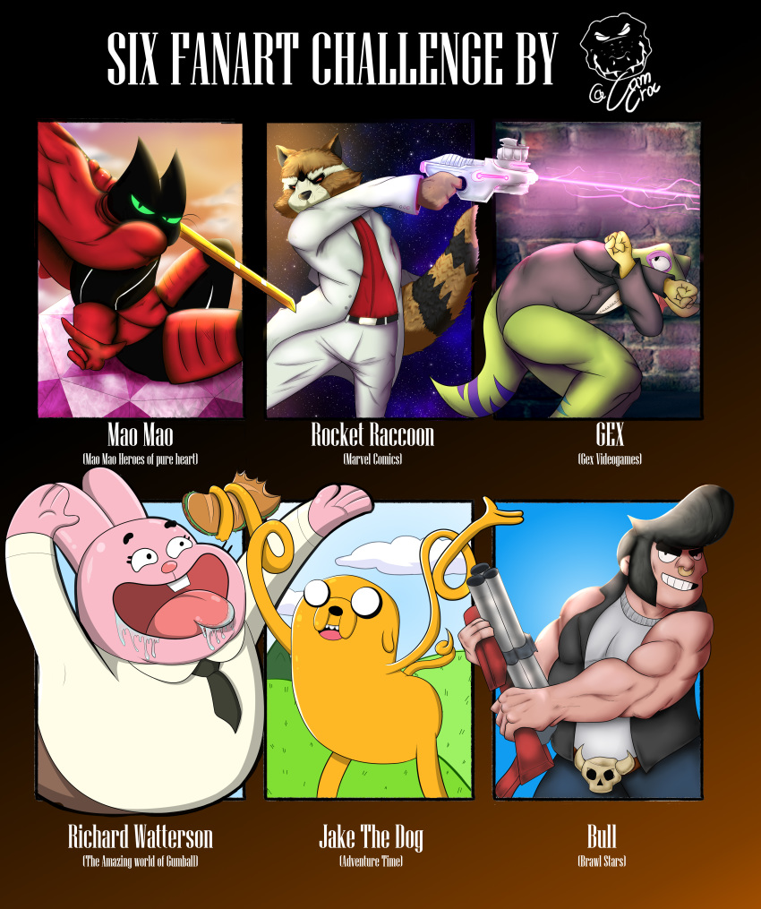 absurd_res adventure_time brawl_stars bull_(brawll_stars) camsan_r_s cartoon_network challenge gex_(series) gex_the_gecko group guardians_of_the_galaxy hi_res jake_the_dog laser male mao_mao:_heroes_of_pure_heart marvel melee_weapon not_furry richard_watterson rocket_raccoon sheriff_mao_mao_mao six_fanarts_challenge space sunrise sword the_amazing_world_of_gumball video_games weapon