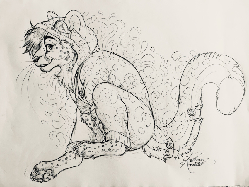 4:3 4_toes ambiguous_gender anthro cheetah clothed clothing felid feline fur hair hi_res kashmere mammal paws smile solo spots spotted_body spotted_fur toes traditional_media_(artwork)