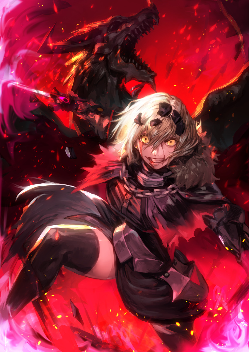 1girl armor armored_dress blonde_hair blood blood_from_mouth blood_on_face cape dragon dutch_angle epic fate/grand_order fate_(series) hair_between_eyes headpiece highres jeanne_d'arc_(alter)_(fate) jeanne_d'arc_(fate)_(all) looking_at_viewer peperon_(peperou) short_hair smile solo sword thighhighs thighs torn_cape torn_clothes weapon yellow_eyes