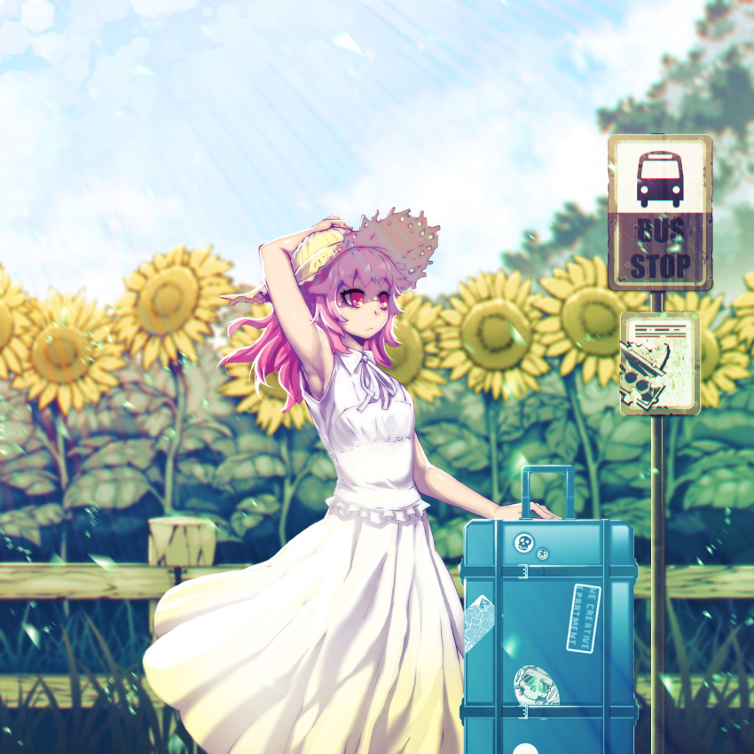 1girl arm_up armpits bag blonde_hair blue_sky blurry blurry_background bus_stop closed_mouth commentary dress flower hand_on_headwear hat highres looking_to_the_side medium_hair niandni original red_eyes shadow sky sleeveless sleeveless_dress standing straw_hat sunflower symbol_commentary tree waiting white_dress white_neckwear wing_collar