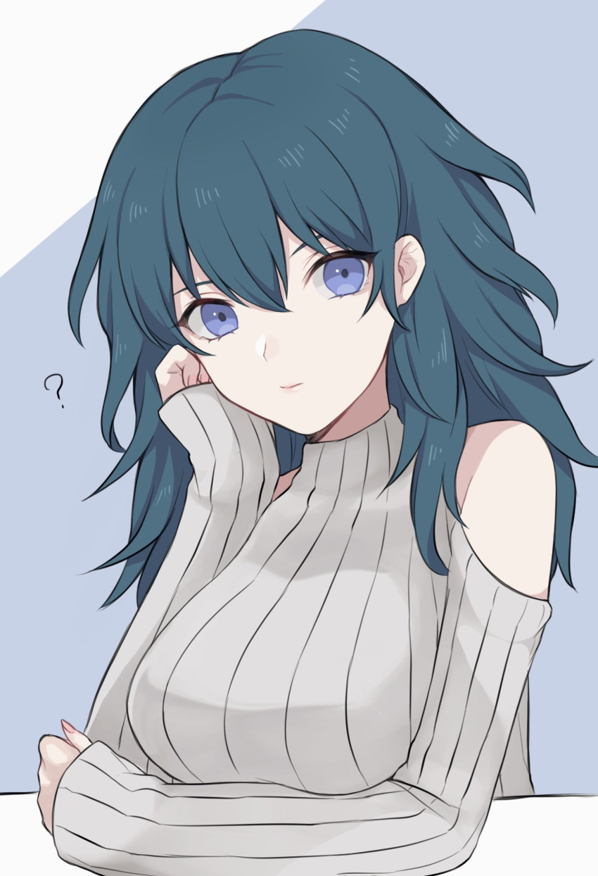 1girl ? akina_(akn_646) alternate_costume blue_eyes blue_hair byleth_(fire_emblem) byleth_(fire_emblem)_(female) closed_mouth fire_emblem fire_emblem:_three_houses highres long_sleeves simple_background solo sweater turtleneck turtleneck_sweater upper_body