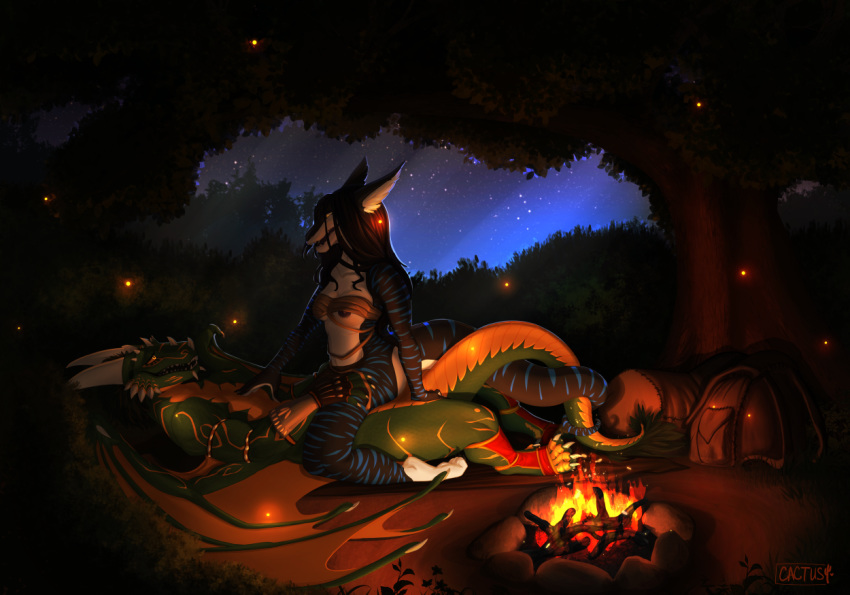2018 anthro anthro_on_anthro argonian arthropod avaetre beetle belly_scales bethesda_softworks black_body black_scales campfire cowgirl_position detailed_background dragon duo elateroid entwined_tails eye_contact female female_penetrated fire firefly green_body green_scales hand_on_torso horn insect looking_at_another male male/female male_penetrating male_penetrating_female markings membrane_(anatomy) membranous_wings night on_top outside penetration scales scalie sex skal-tel striped_body stripes tail_coil the_elder_scrolls tinycactus video_games wings