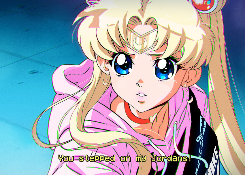 1girl bishoujo_senshi_sailor_moon blonde_hair blue_eyes choker chromatic_aberration crescent crescent_earrings derivative_work earrings english_text highres jewelry parted_lips portrait sailor_moon sailor_moon_redraw_challenge screencap_redraw solo sweater tom_skender tsukino_usagi