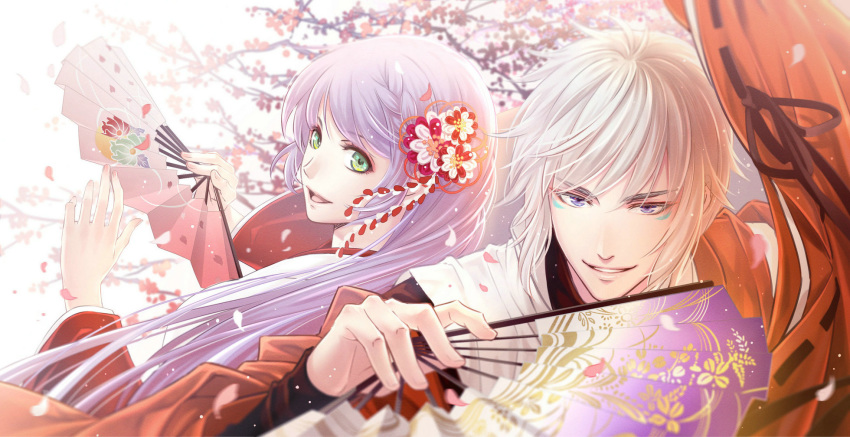 1boy 1girl alternate_costume alternate_hairstyle blurry braid depth_of_field egmer eyeshadow fan fingernails green_eyes hair_ornament hands harisen harukanaru_toki_no_naka_de harukanaru_toki_no_naka_de_3 heian highres holding holding_fan japanese_clothes kasuga_nozomi kimono lips lipstick long_hair makeup petals purple_eyes purple_hair short_hair side_braid smile taira_no_tomomori white_hair wind