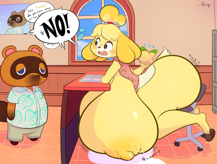 absurd_res animal_crossing anthro better_version_at_source big_breasts bodily_fluids breast_expansion breasts butt_expansion duo female hi_res huge_breasts hyper hyper_breasts isabelle_(animal_crossing) lactating male nintendo shmeepo tagme tom_nook_(animal_crossing) video_games